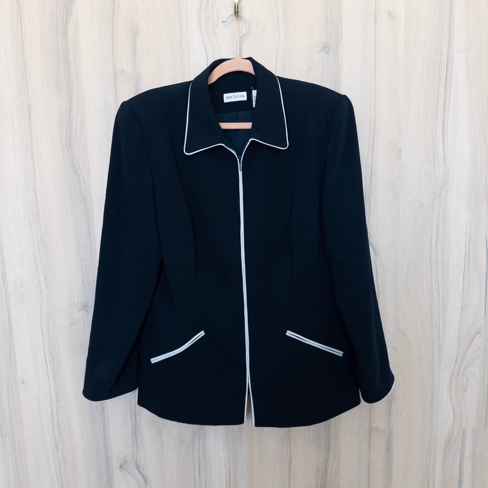 Vintage Ann Taylor Jacket 14 Black Zip Up White Contrast Career 90s Classic
